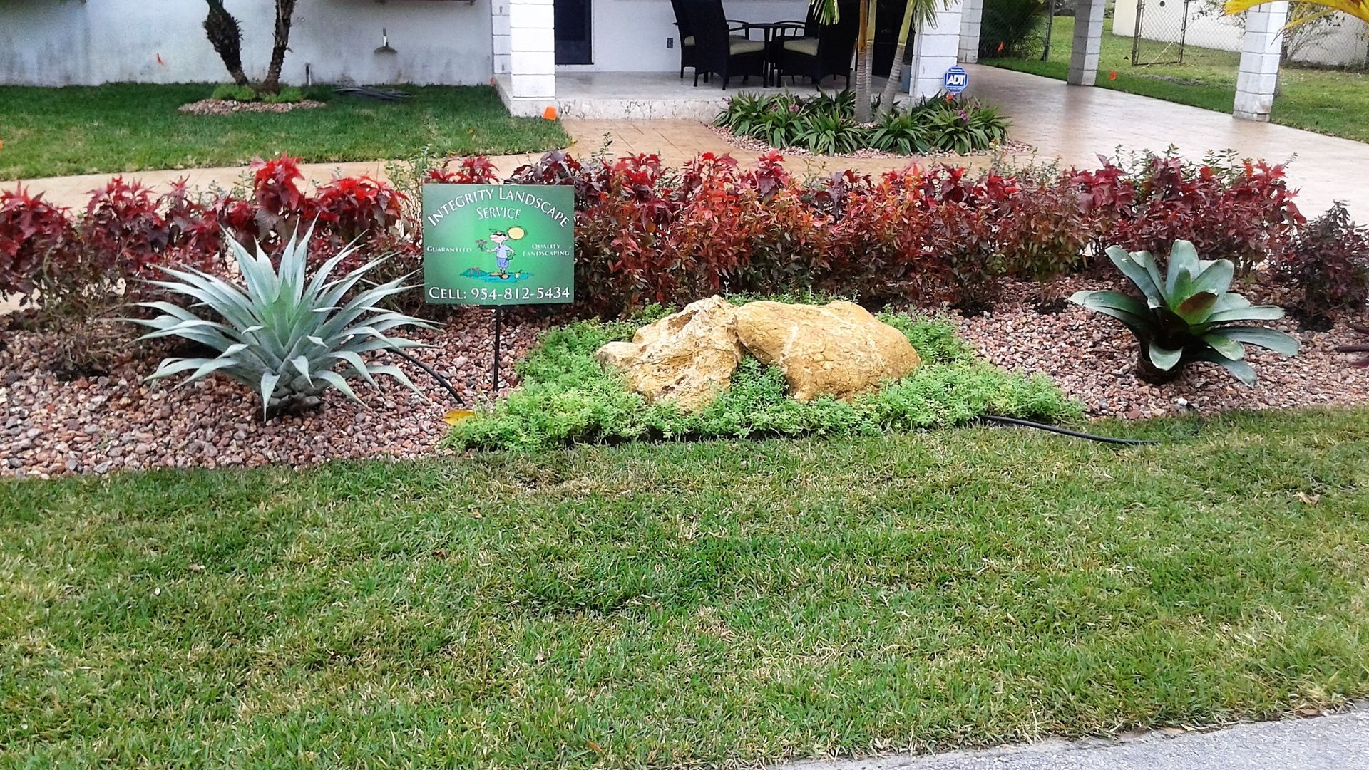 A statue of a bear is in the grass in front of a house.
