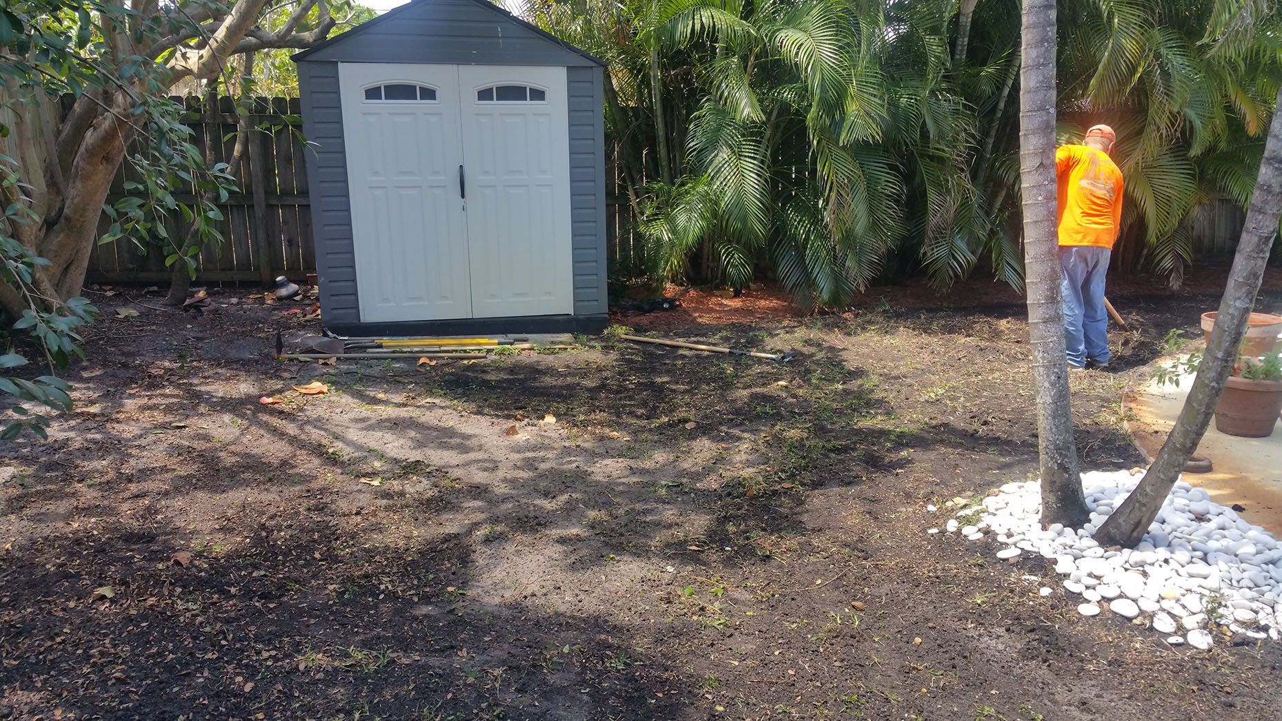 A man is standing next to a shed in a backyard.