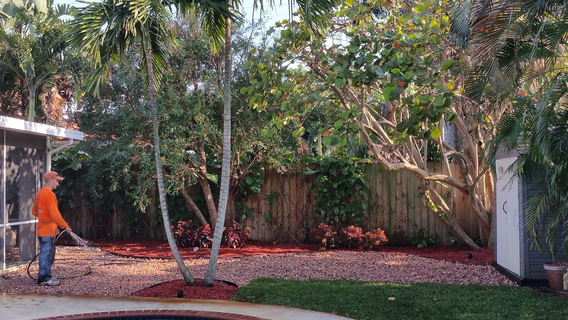 A man in an orange shirt is raking leaves in a backyard.