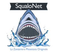 Squalo con fauci aperte, schizzi d'acqua. Logo