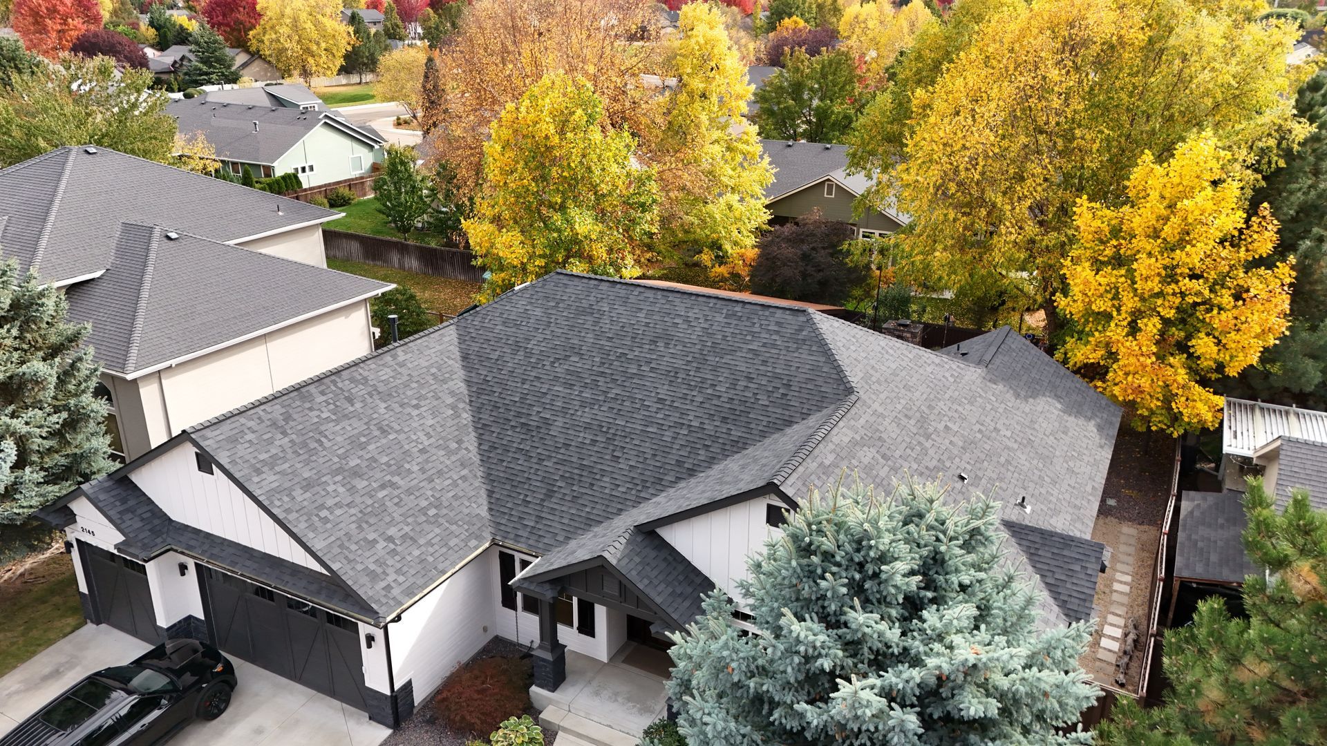 Aerial view of a house with a dark gray roof and a white exterior, surrounded by trees with yellow and orange fall foliage.
