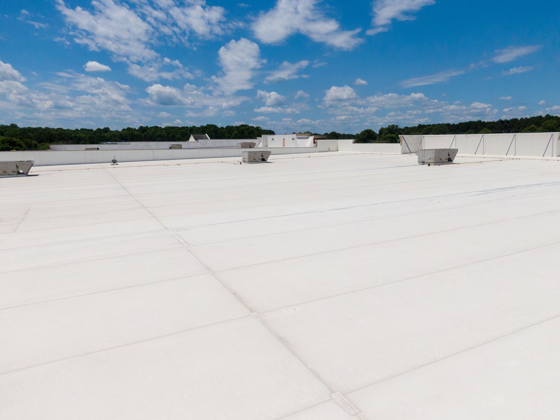 Flat black roof with metal edging, rooftop equipment visible, overcast sky.