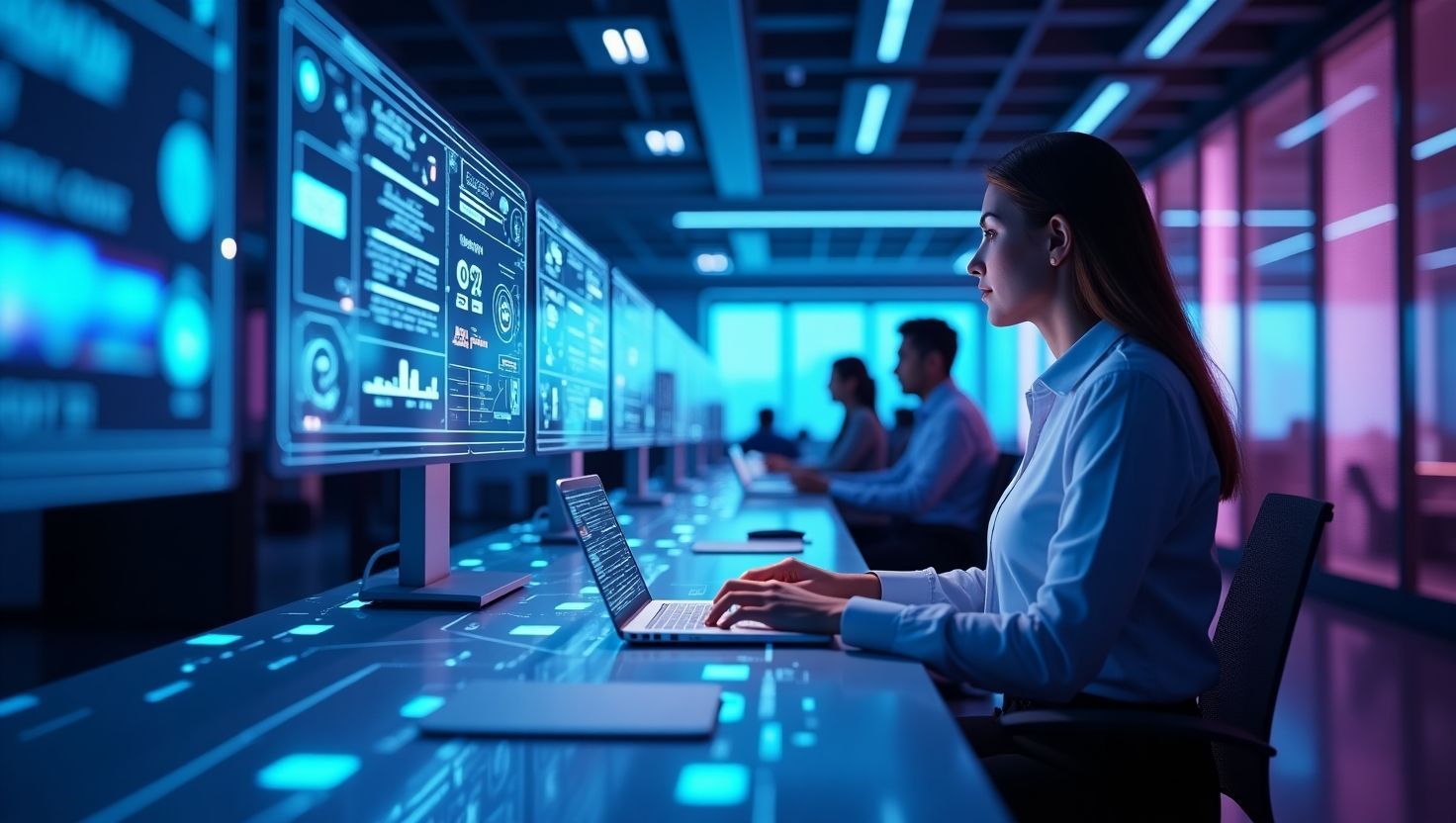 Professional using AI dashboards to optimize B2B SaaS operations and customer support.