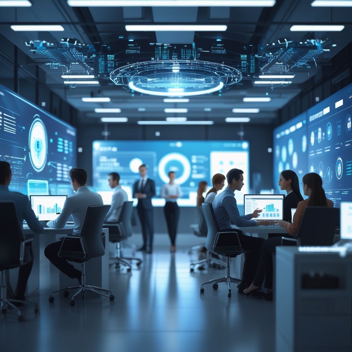 Business professionals using AI-powered software and automation tools to improve operational efficiency, customer engagement, and data-driven decision-making.