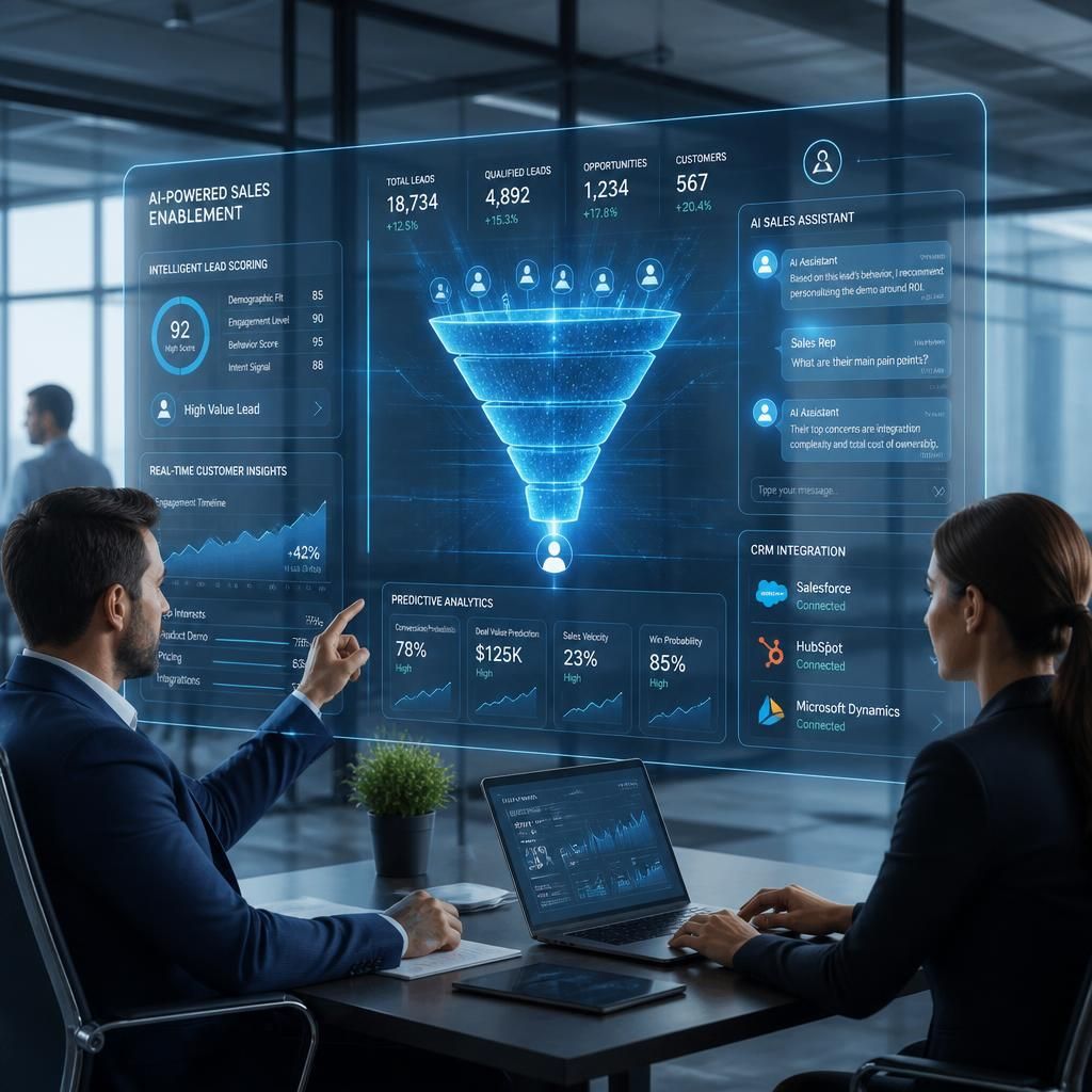 AI-powered sales enablement dashboard displaying lead scoring, predictive analytics, CRM integration