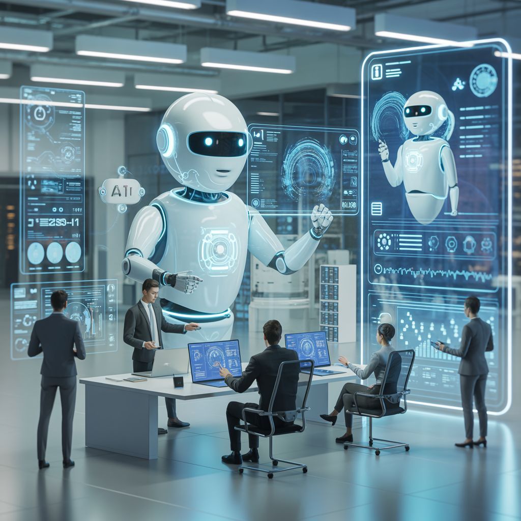 Futuristic AI assistant robot presenting customer service analytics to a business team 
