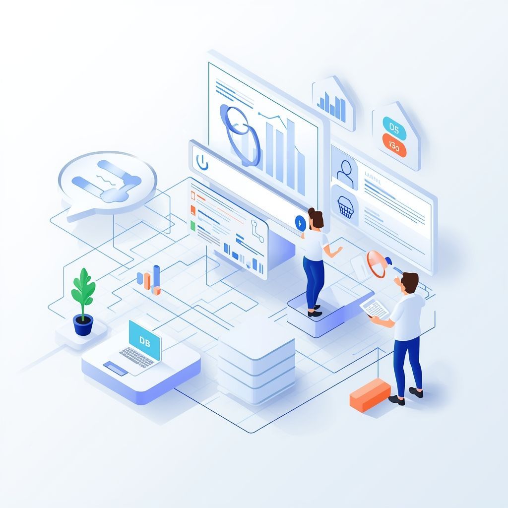 Illustration of AI-powered enterprise search with employees interacting with data dashboards.