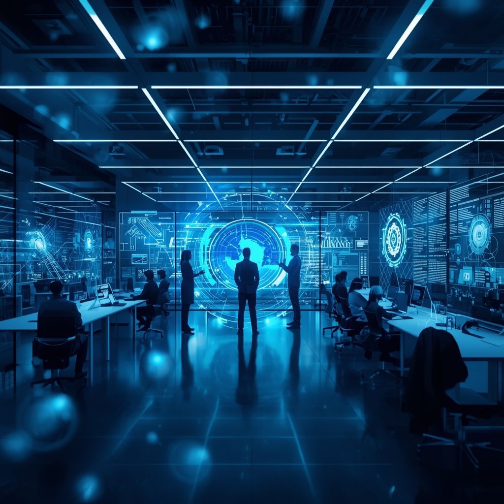 Digital illustration of a diverse business team standing at a crossroads surrounded by AI icons 