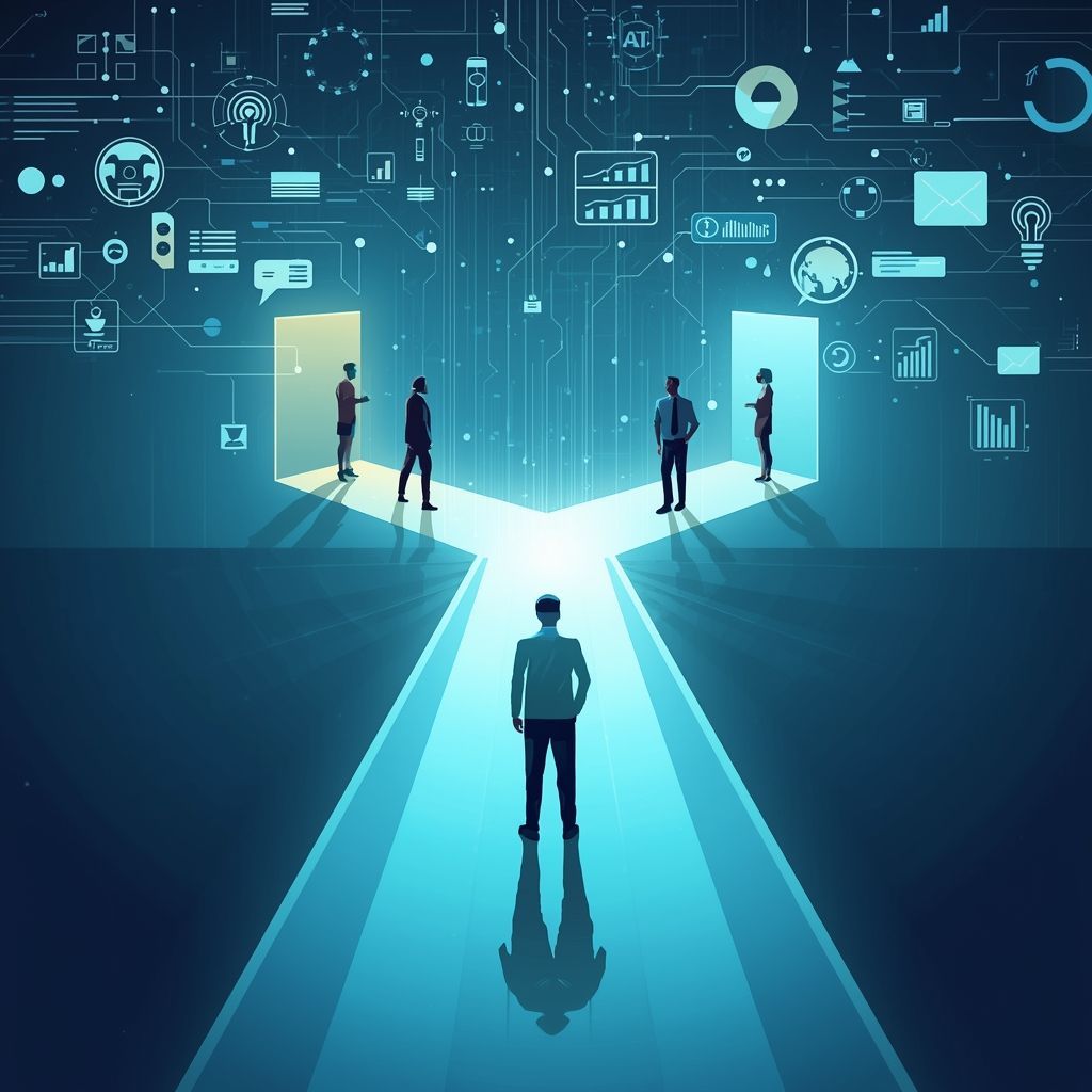 Digital illustration of a diverse business team standing at a crossroads, surrounded by AI icons 