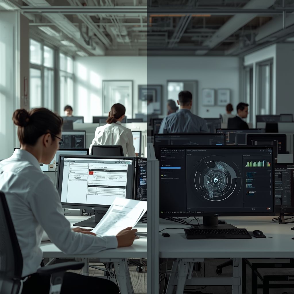 Modern office workspace showing comparison between manual workflows and AI-powered dashboards for business automation