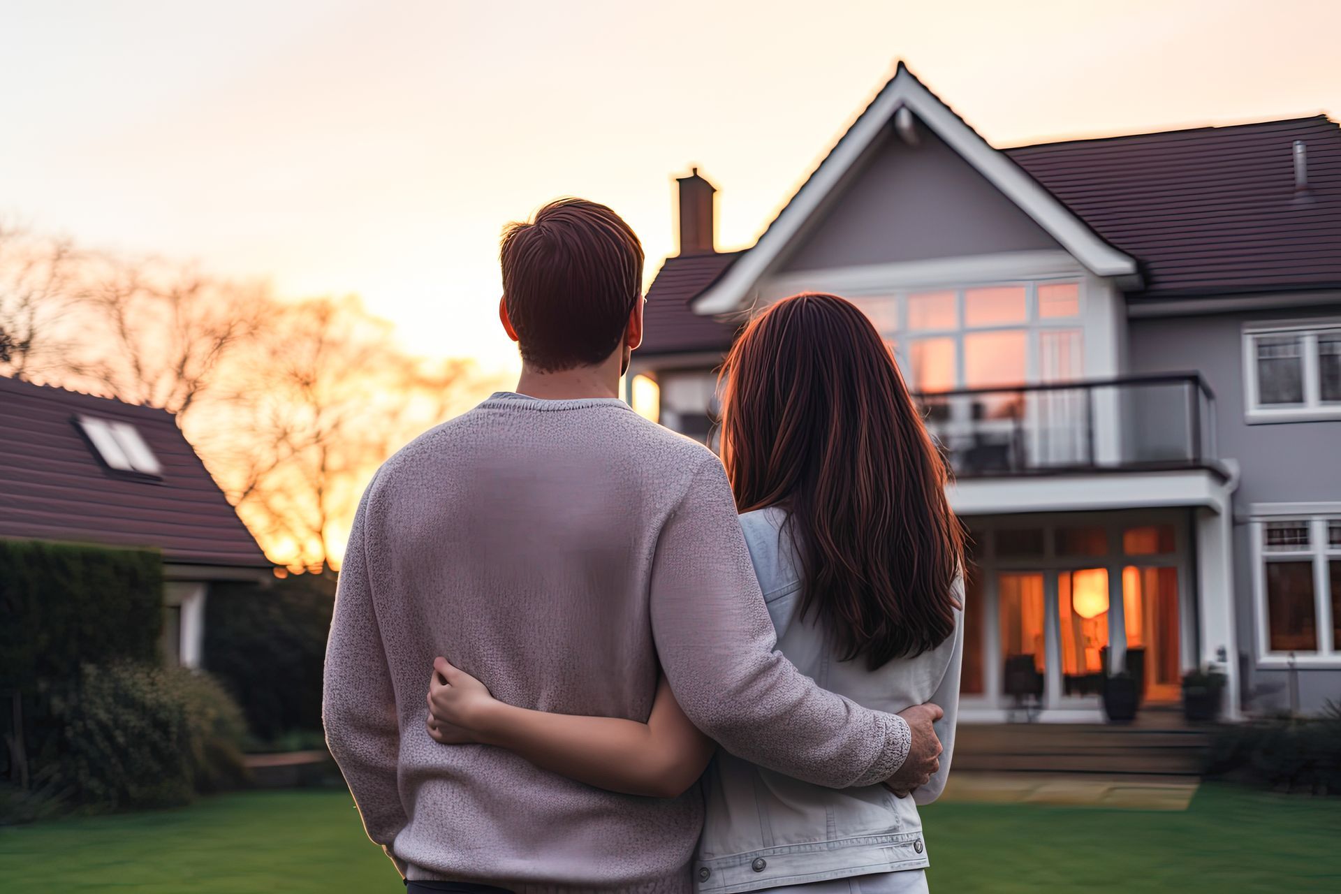 A man and a woman are standing in front of a large house.