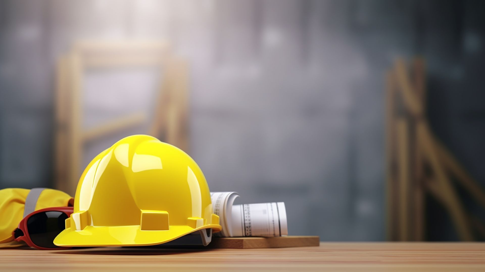 A hard hat , safety glasses , and blueprints are on a wooden table.
