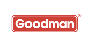 The Goodman logo features white text on a red, rounded rectangular background.