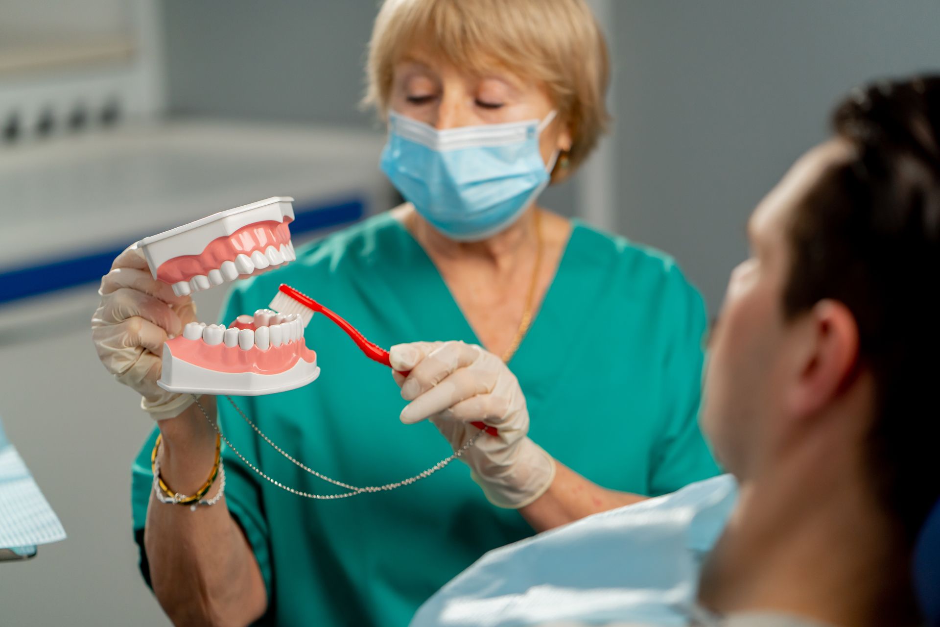 A dentist is teaching a patient how to brush their teeth with a model of teeth.
