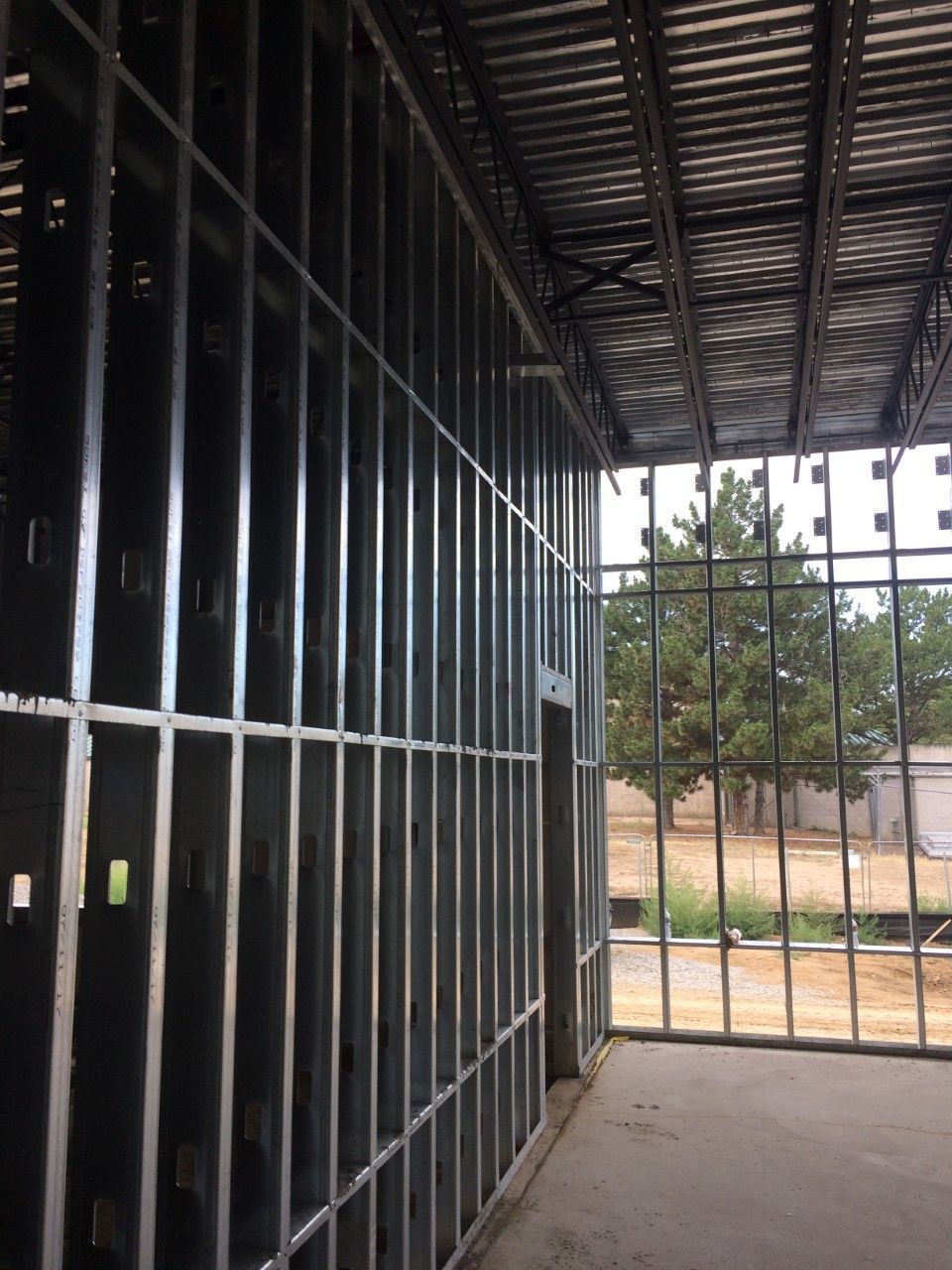Metal framing of a building's interior walls, with a view of an outdoor tree through a doorway.