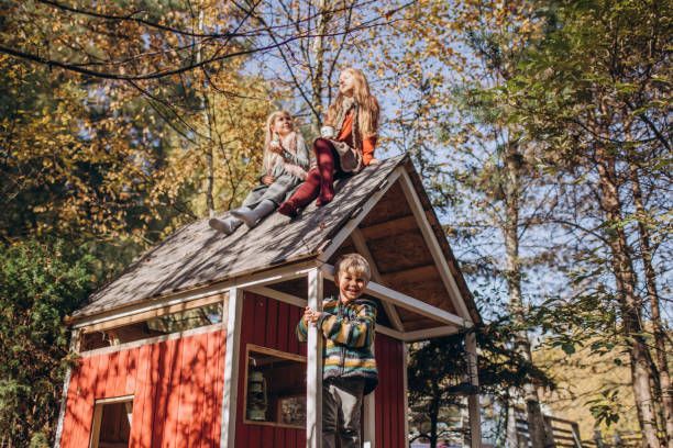 Two girls sitting on top of a shed with boy in front.