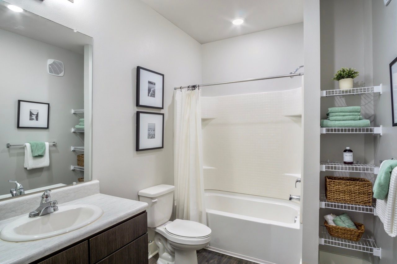 Bathroom in an apartment with vanity, toilet, tub/shower, and open shelving.