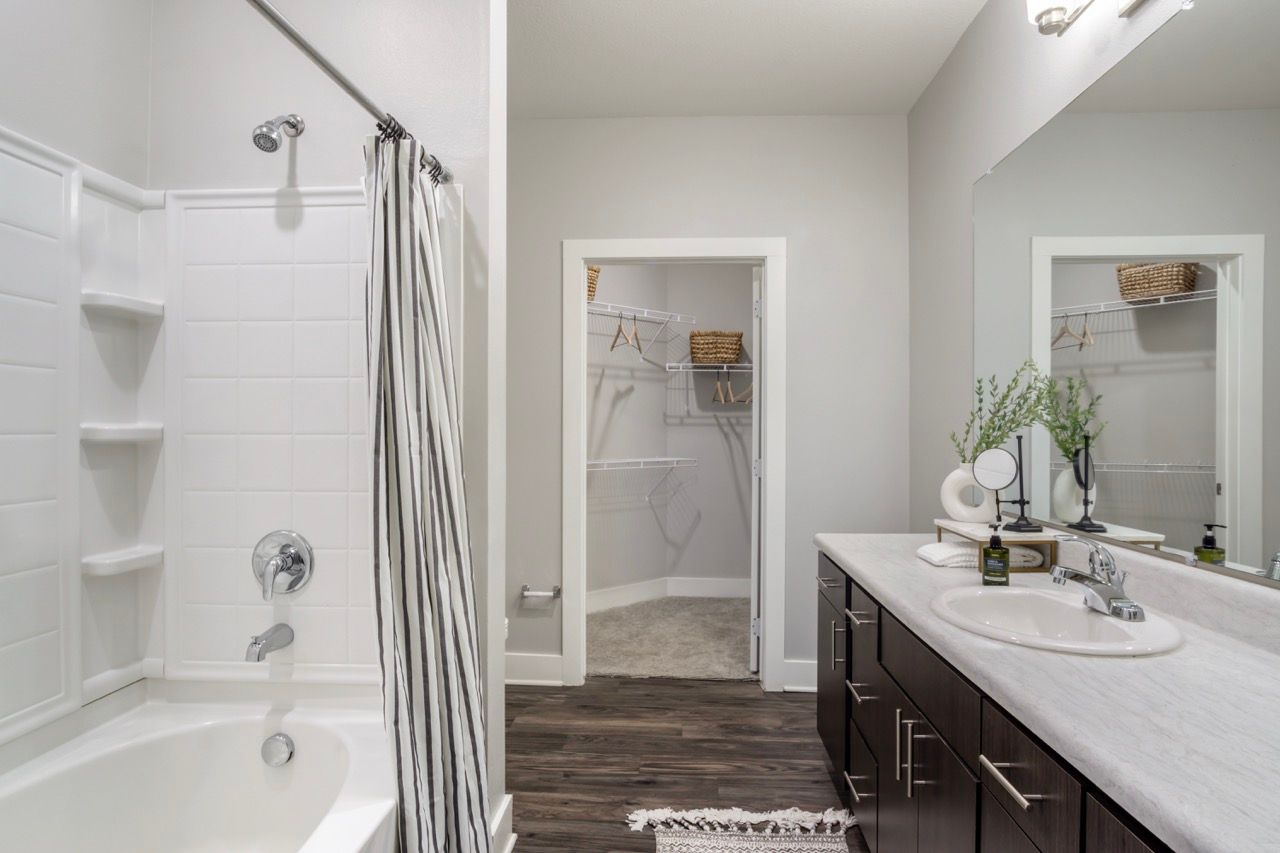 Bathroom with a single sink vanity, shower-tub, and a walk-in closet visible through the doorway.