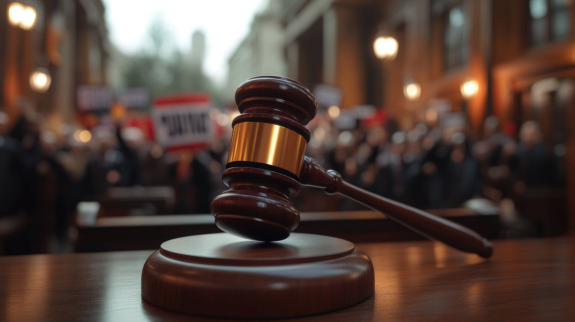 A legal gavel with a blurry protest crowd in the background at JPS Law near Lexington, Kentucky