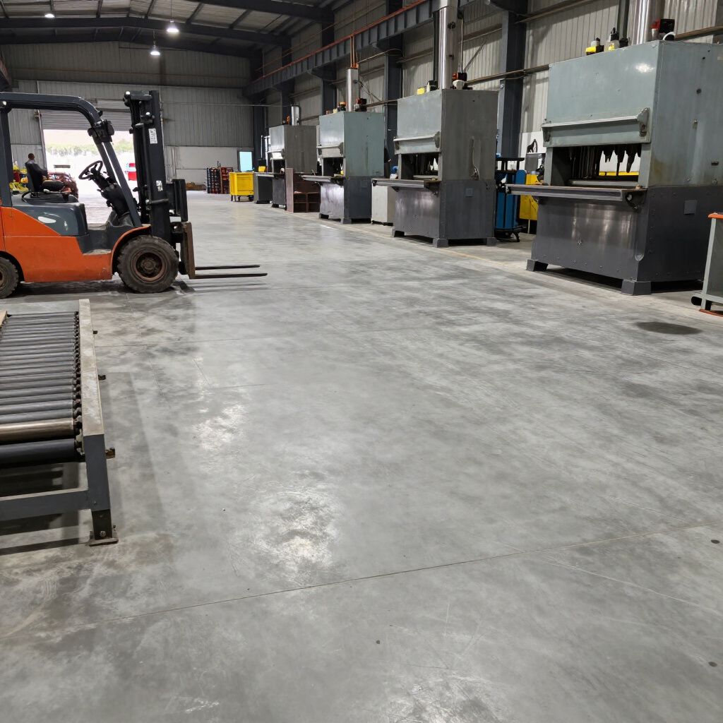 Forklift and industrial machinery in a factory setting with a concrete floor.