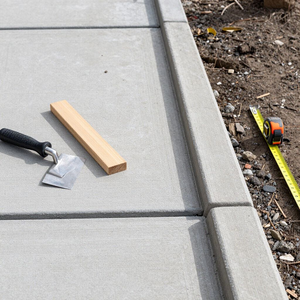 Concrete sidewalk construction: trowel, wood block, measuring tape on gray concrete.