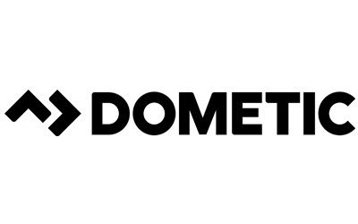 A black and white logo for dometic on a white background.