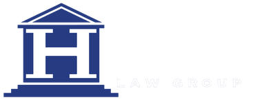 A blue and white logo for a law firm with the letter h on it.