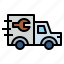 A delivery truck with a wrench on the back of it.