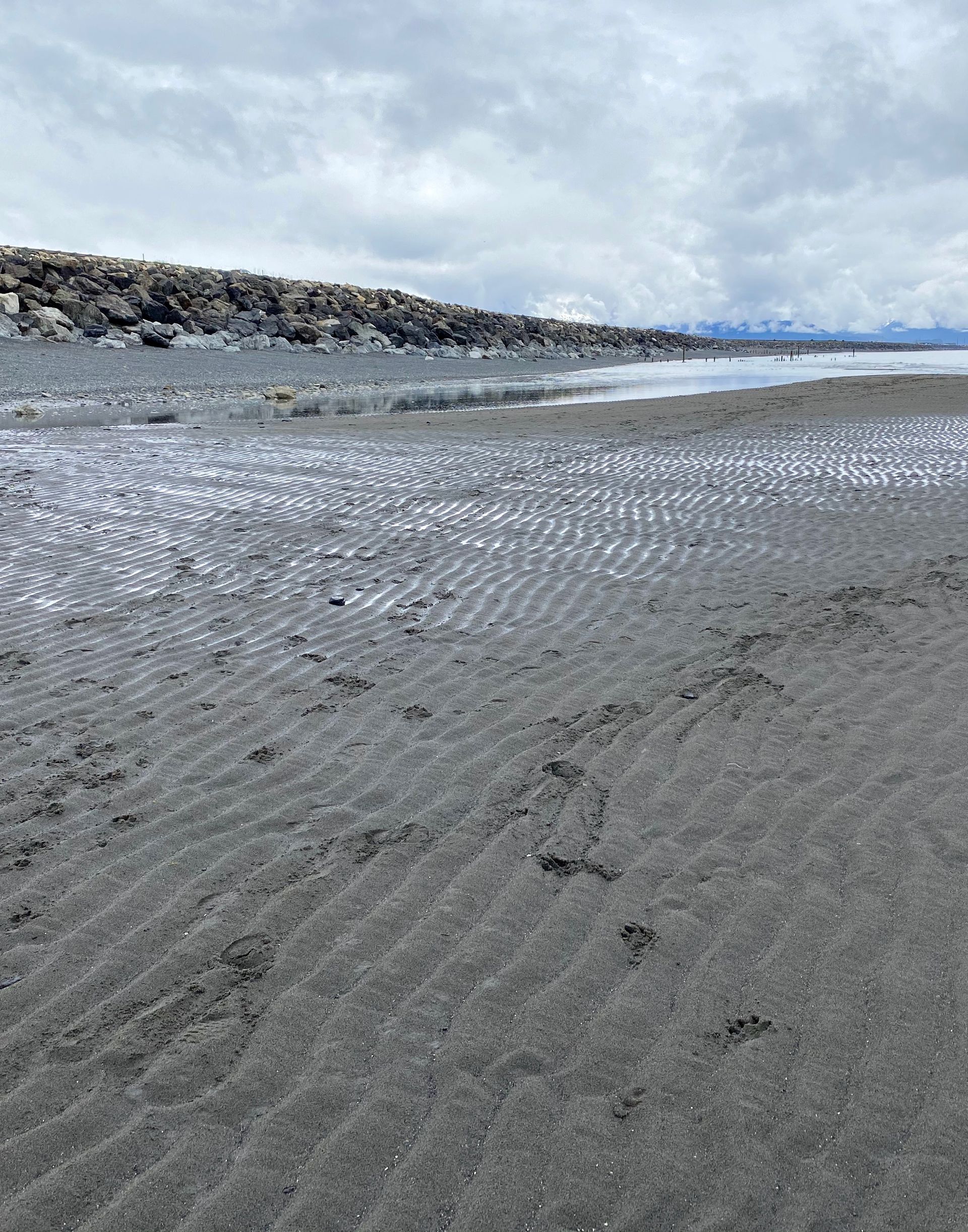 A sandy beach with waves coming in on a cloudy day.