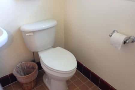 A bathroom with a toilet , sink and trash can.