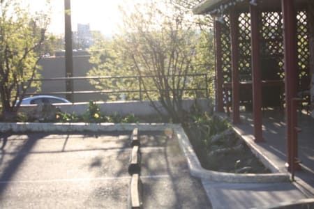 A fenced in area with a bench and trees in the background