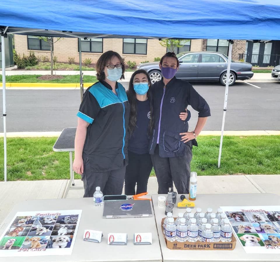 Three people wearing masks stand behind a table with water bottles and flyers under a blue canopy outside.