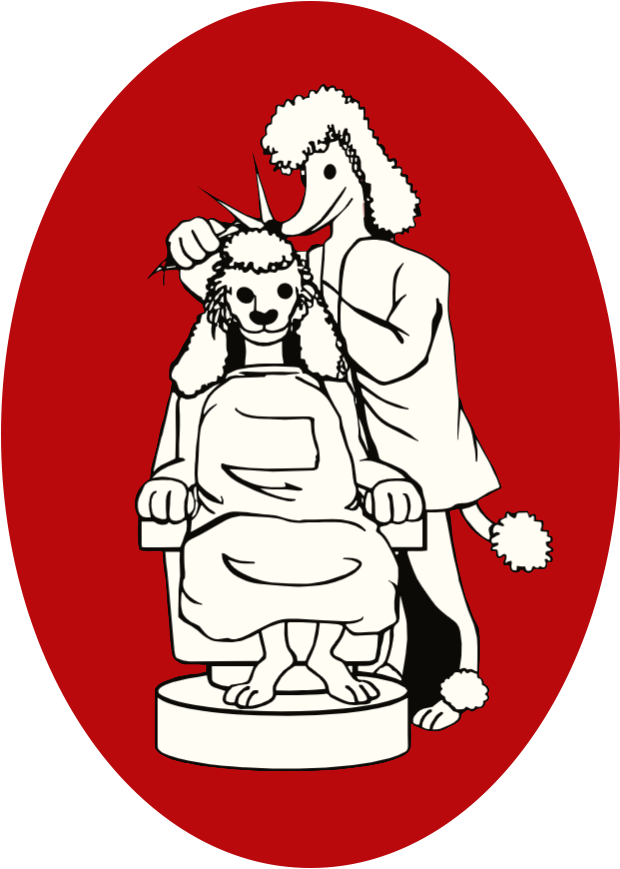 Poodle giving a haircut to a lion-like creature, both in a red oval.