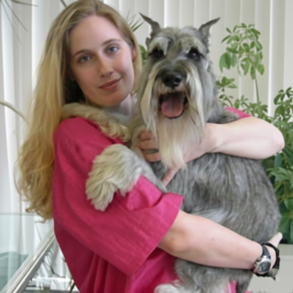Woman in pink shirt holding a grey Schnauzer dog, both smiling, inside a building.