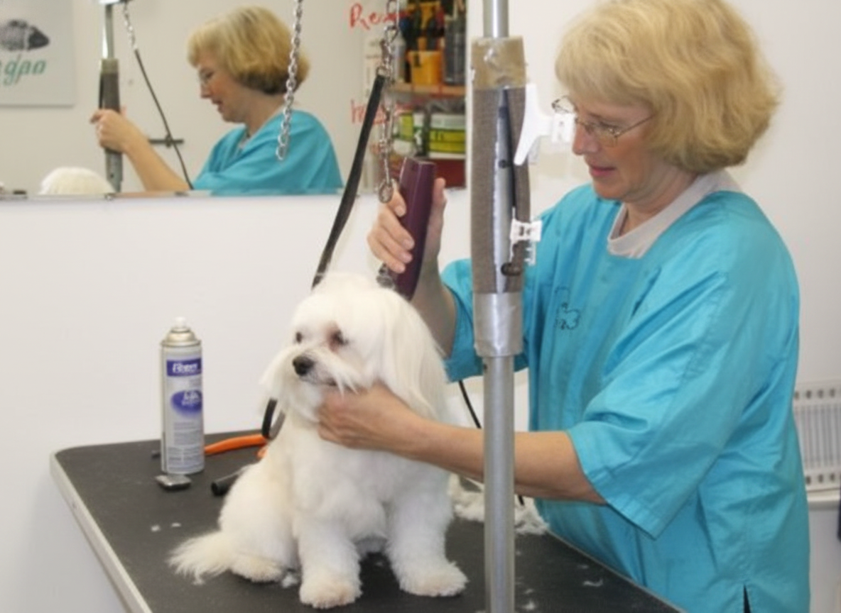 Woman grooming a white dog at a grooming table, using clippers. Mirror reflects the groomer and room.
