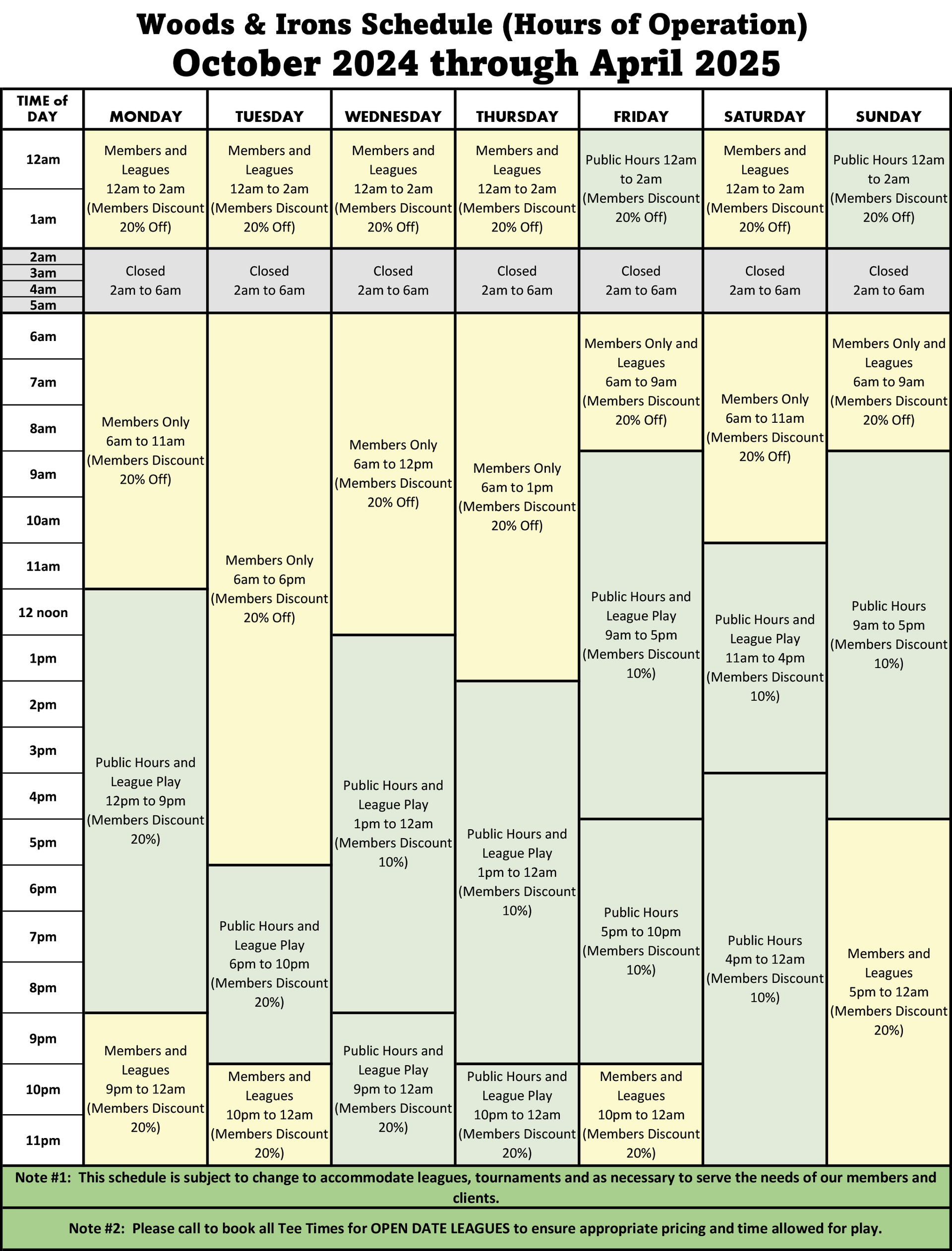 Hours of Operation Fall 2024 Through April 2024