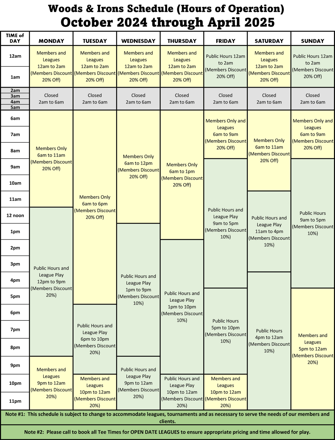 Hours of Operation Fall 2024 Through April 2024