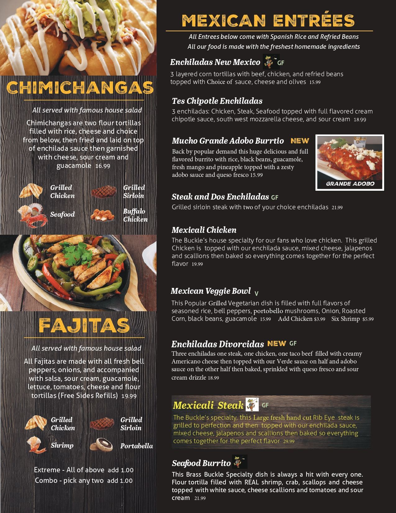 Brass Buckle Chimichangas and Mexican Entrees Menu