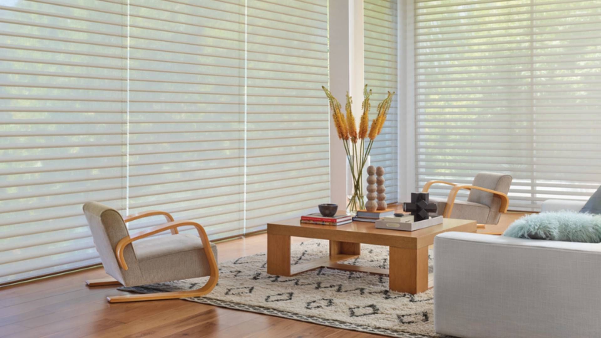 Bright and open living room equipped with Hunter Douglas blinds and PowerView® Automation at Window