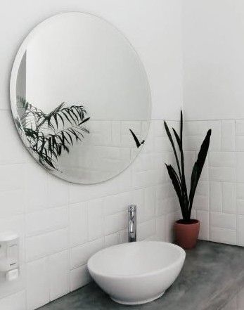 Bathroom With a Round Mirror, White Sink, and Potted Plant — Port Macquarie Plumbing In Port Macquarie, NSW