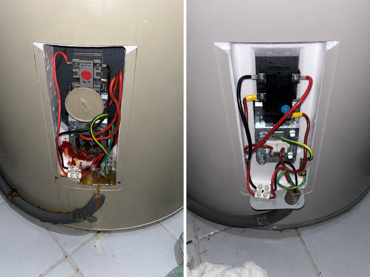 Two Views of An Electrical Control Panel Exposed Inside a Beige Cylindrical Tank — Port Macquarie Plumbing In Port Macquarie, NSW