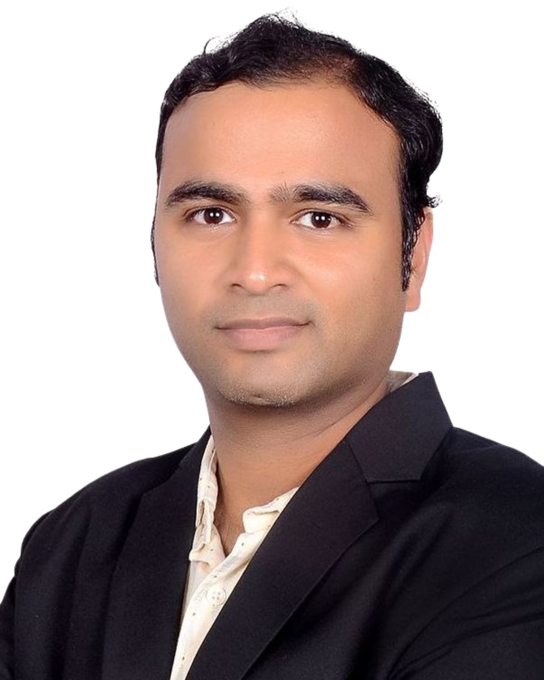 A man in a black suit and white shirt is looking at the camera.