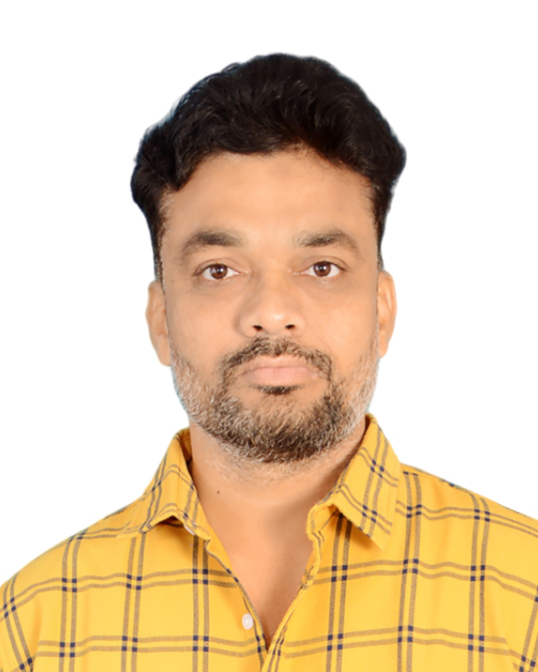 A man with a beard is wearing a yellow plaid shirt.