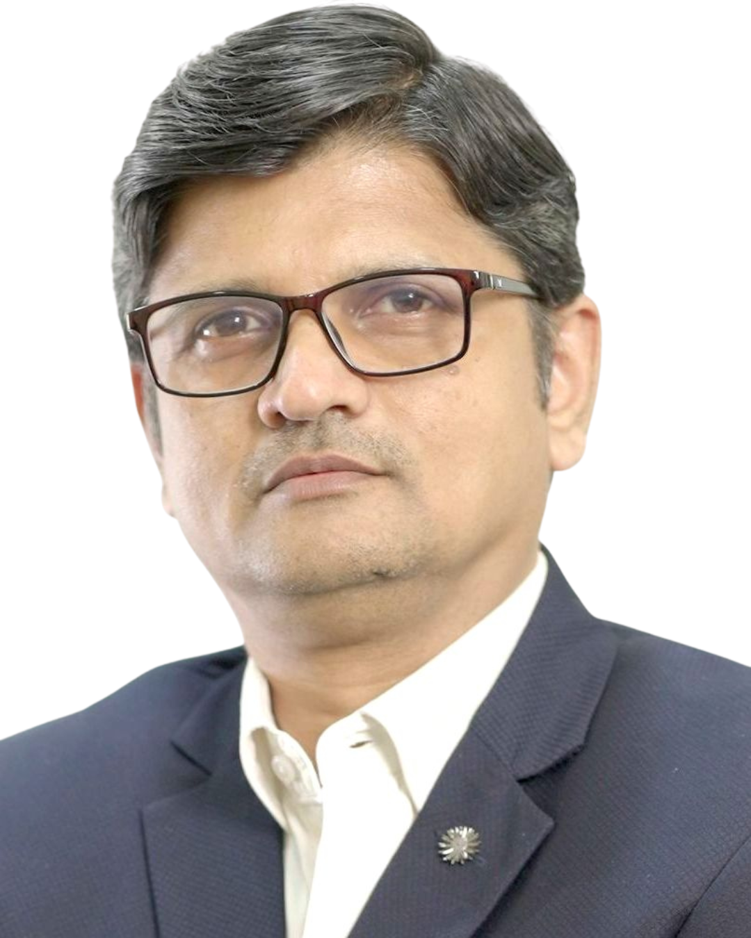 A man wearing glasses and a suit is looking at the camera