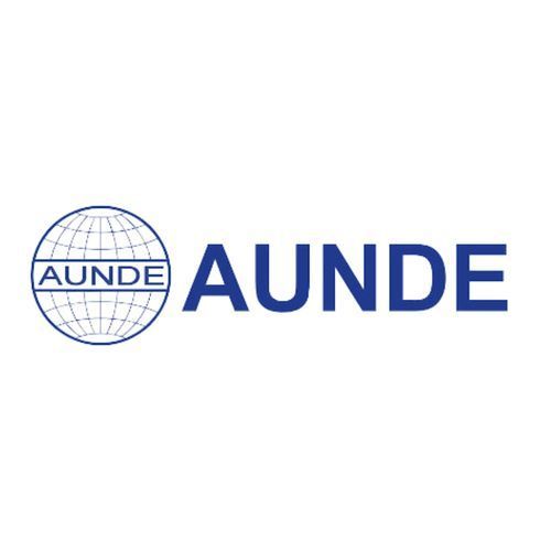 The aunde logo is blue and white with a globe in the middle.