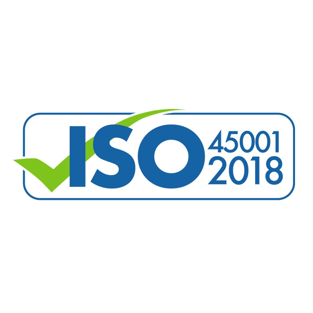 A logo for iso 45001 2018 with a green check mark.