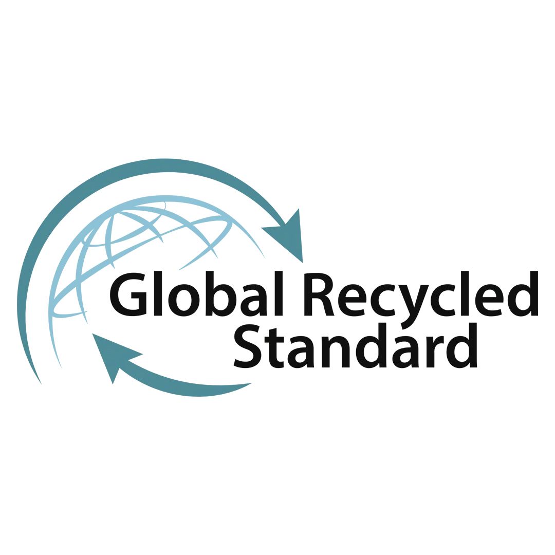 The global recycled standard logo has a globe and two arrows.