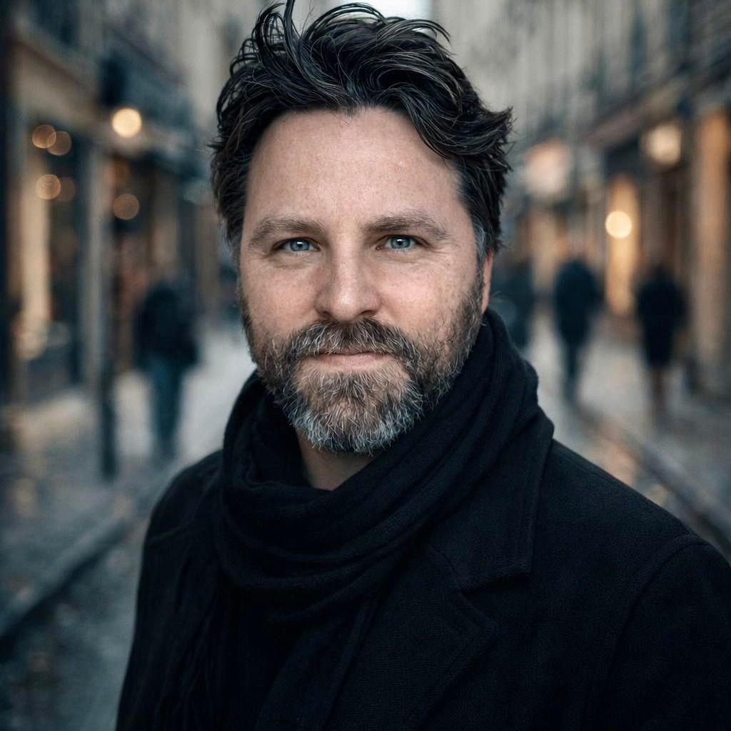 Man with dark hair and beard, wearing a black coat and scarf, blurred city background.