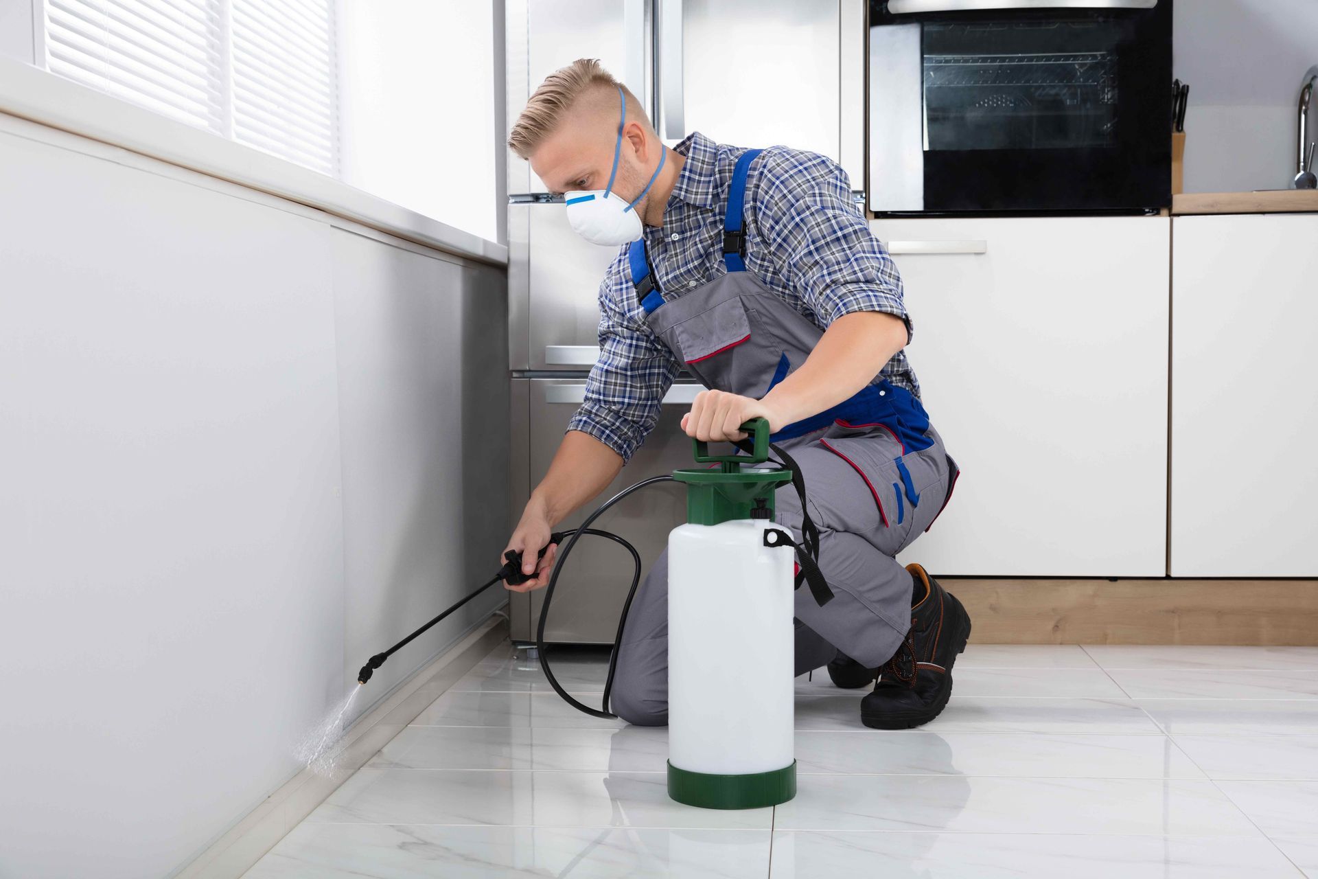 Masked technician applying pest control spray along kitchen window ledge near appliances area safely.