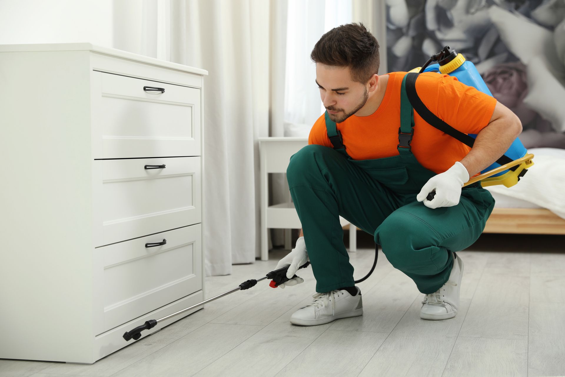 Pest control worker spraying insecticide near chest of drawers.